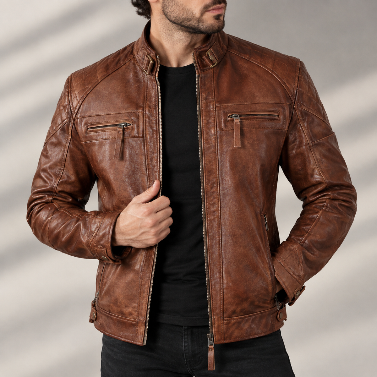 Men's Genuine Lambskin Leather Cafe Racer Biker Jacket