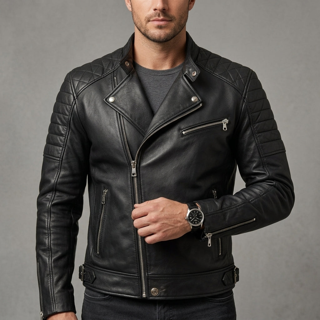 Men's Black Genuine Leather Biker Jacket – Quilted Motorcycle Cafe Racer Jacket