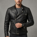 Men's Black Genuine Leather Biker Jacket – Quilted Motorcycle Cafe Racer Jacket