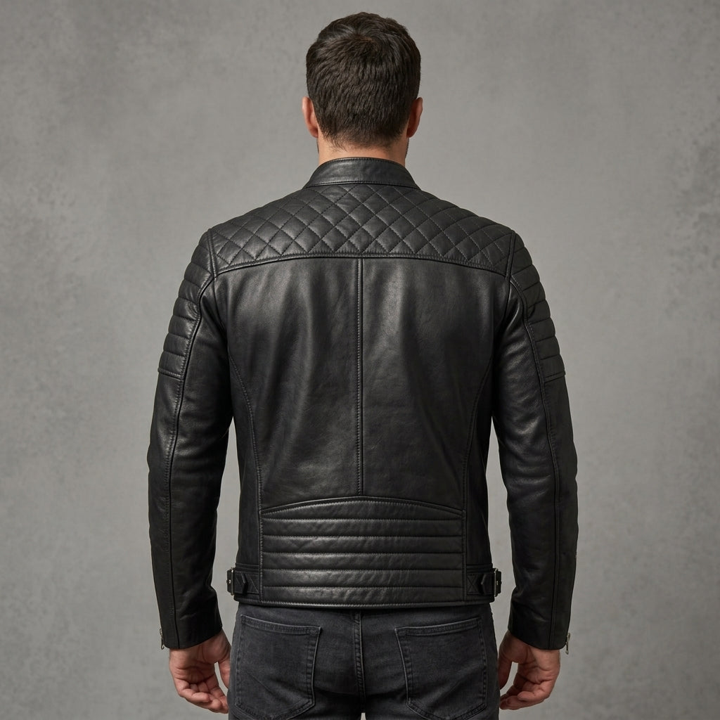 Men's Black Genuine Leather Biker Jacket – Quilted Motorcycle Cafe Racer Jacket