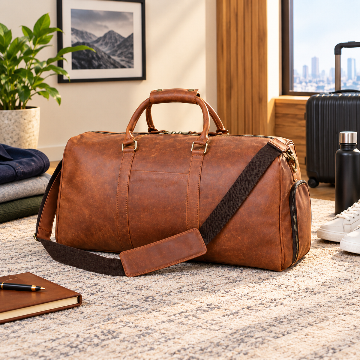 Leather Duffle Bag, Brown Genuine Leather Weekender, Travel Holdall, Overnight Bag