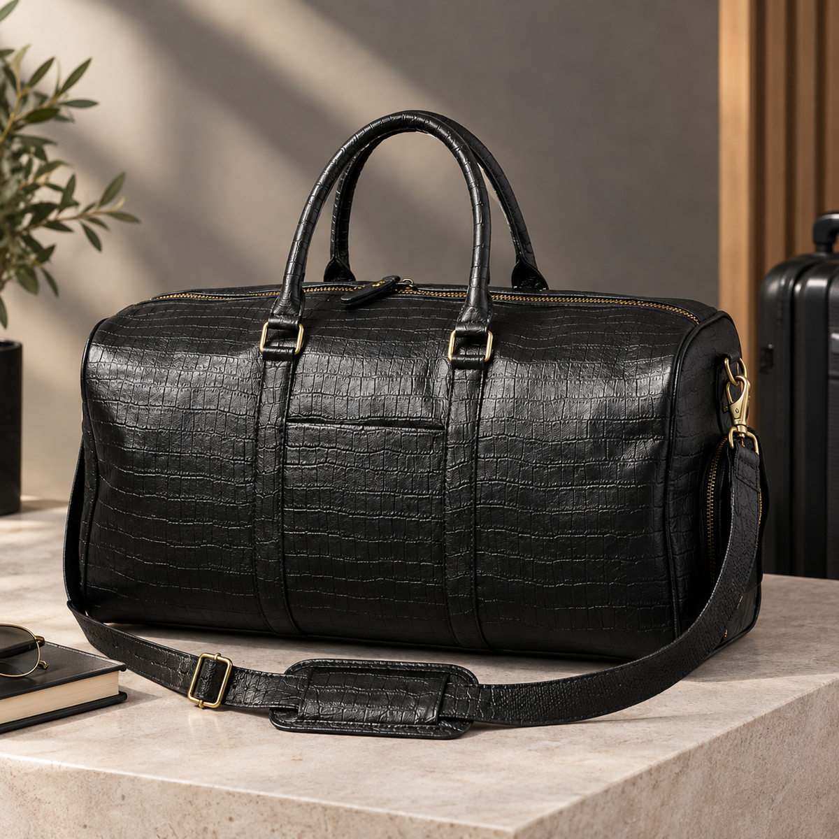 Black Leather Duffel Bag, Crocodile Travel Weekender for Men, Business Overnight Bag
