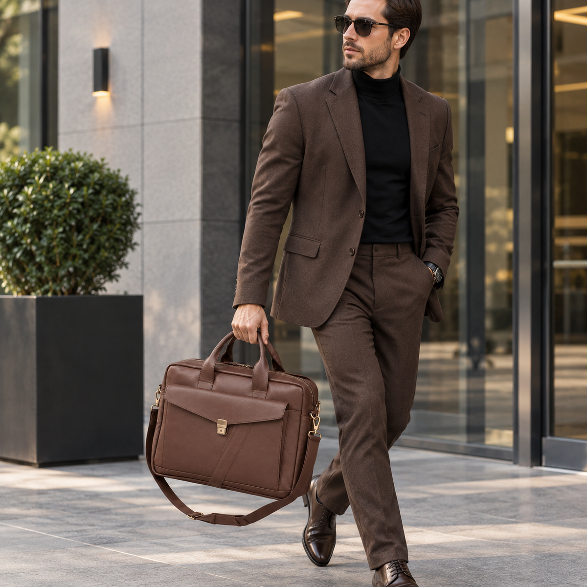 Genuine Leather Laptop Bag for Men, Brown Briefcase, Professional Work Bag
