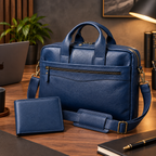Genuine Leather Navy Laptop Bag, Business Briefcase with Free Wallet