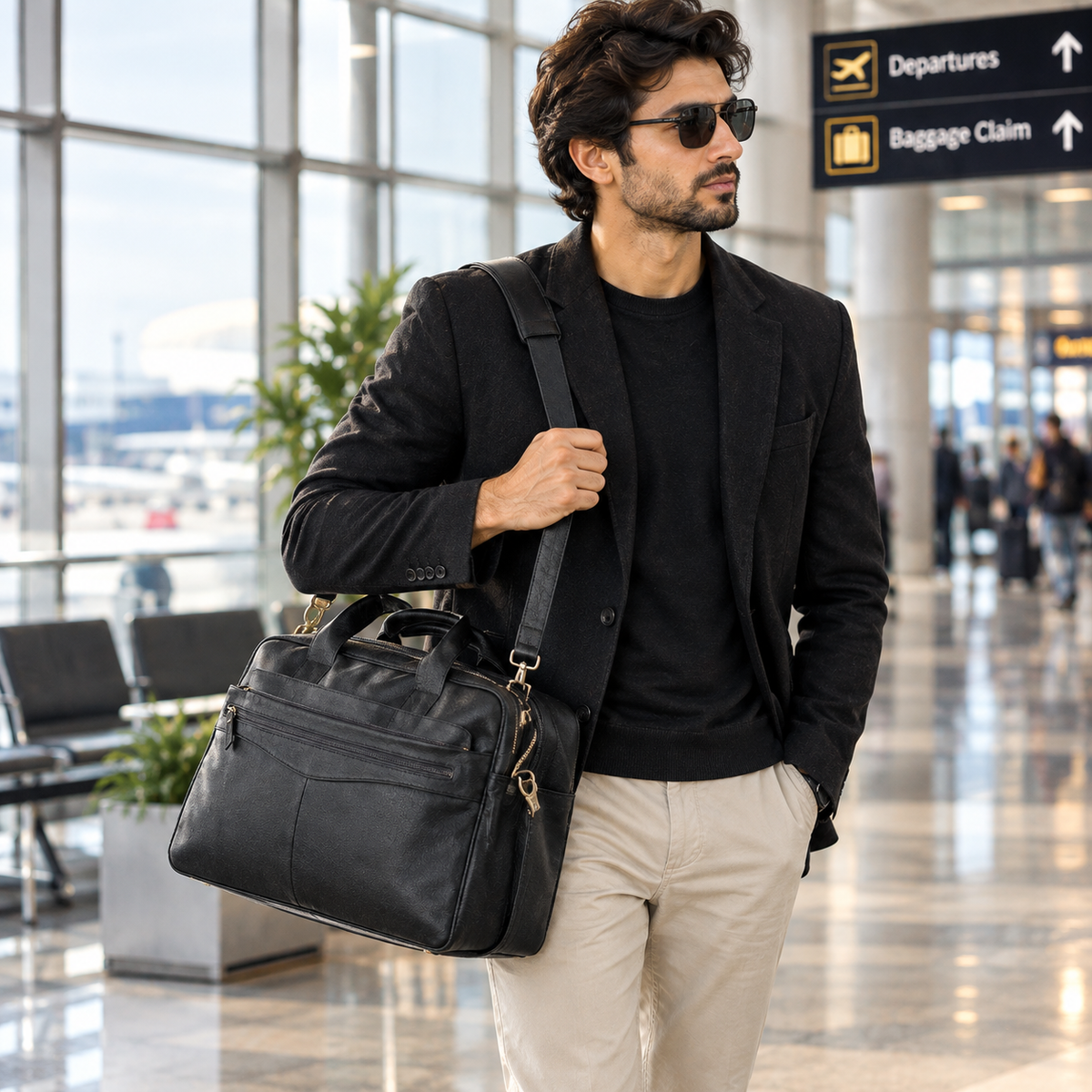 Black Leather Laptop Briefcase, Men's Business Bag, Office Travel Bag