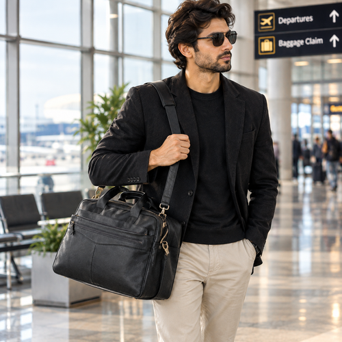 Black Leather Laptop Briefcase, Men's Business Bag, Office Travel Bag