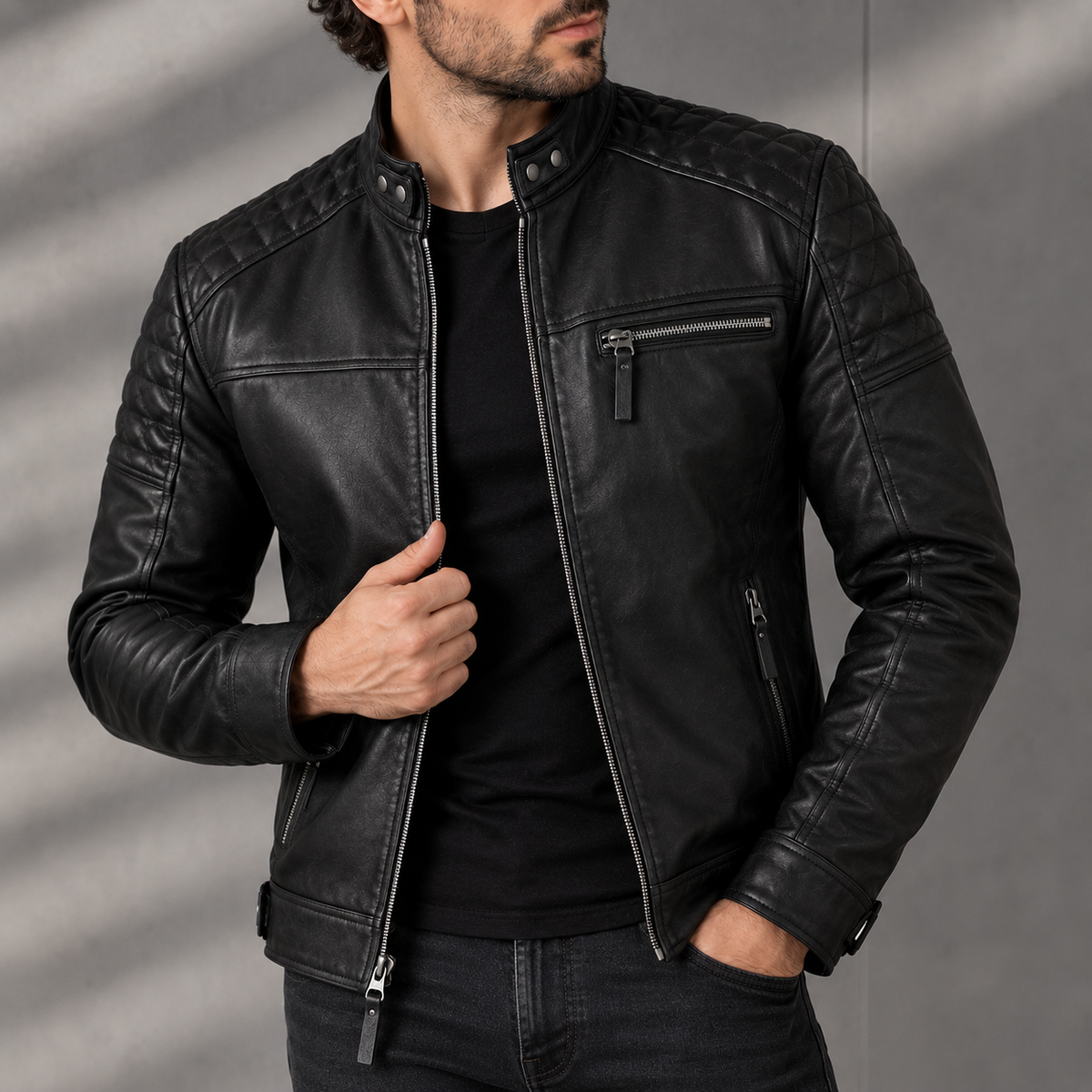 Men's Genuine Leather Cafe Racer Jacket – Diamond Quilted Biker Motorcycle Jacket