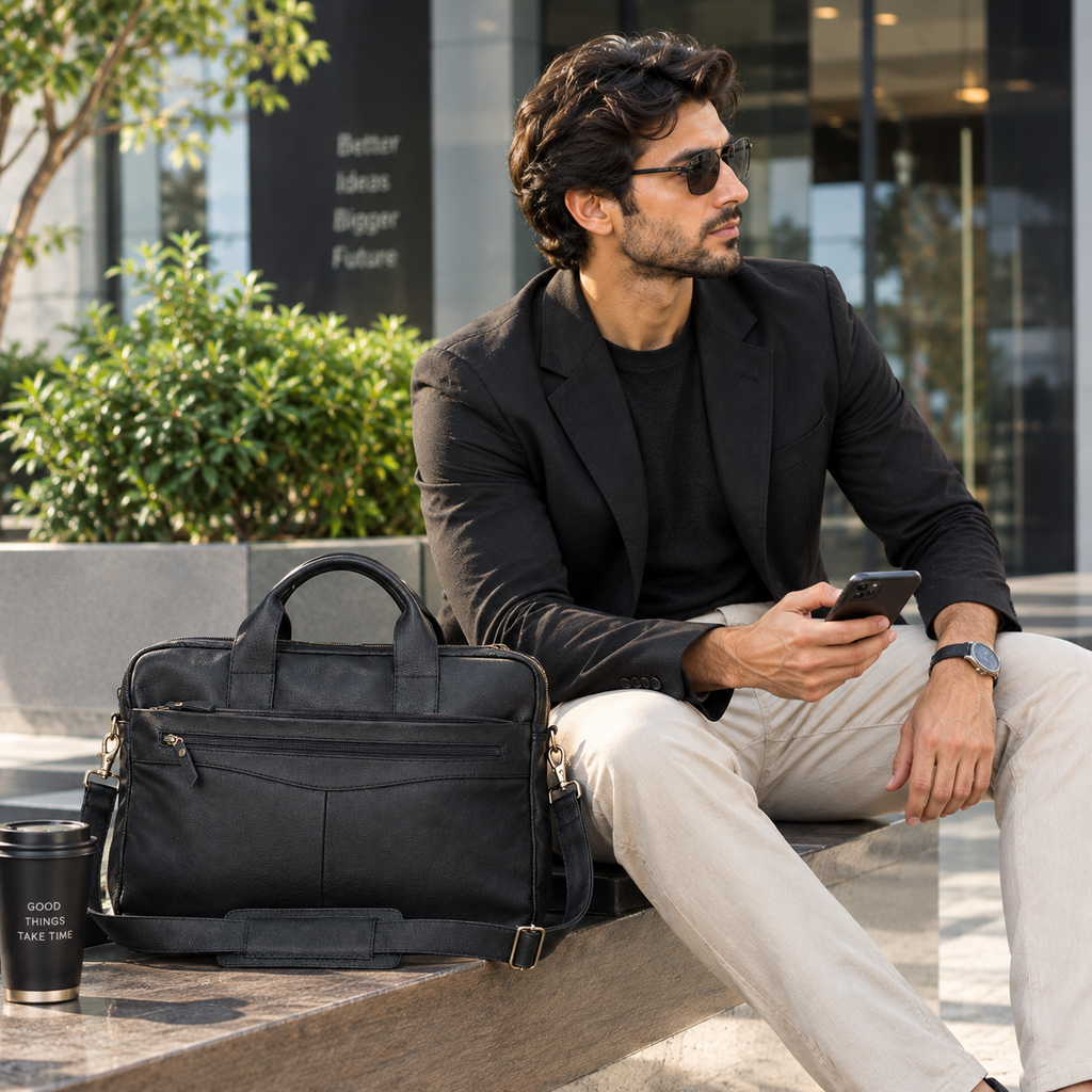 Black Leather Laptop Briefcase, Men's Business Bag, Office Travel Bag