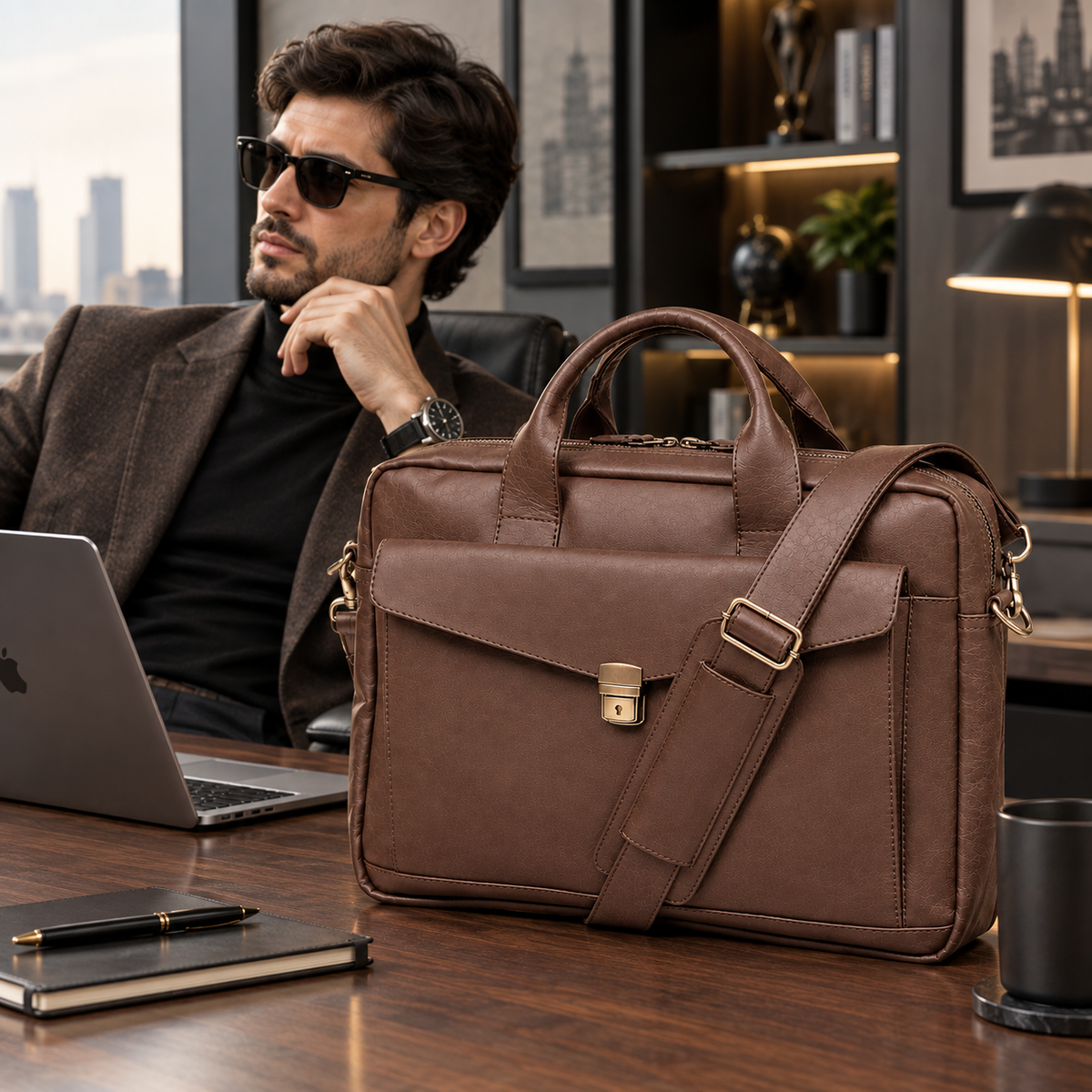 Genuine Leather Laptop Bag for Men, Brown Briefcase, Professional Work Bag