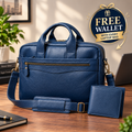Genuine Leather Navy Laptop Bag, Business Briefcase with Free Wallet