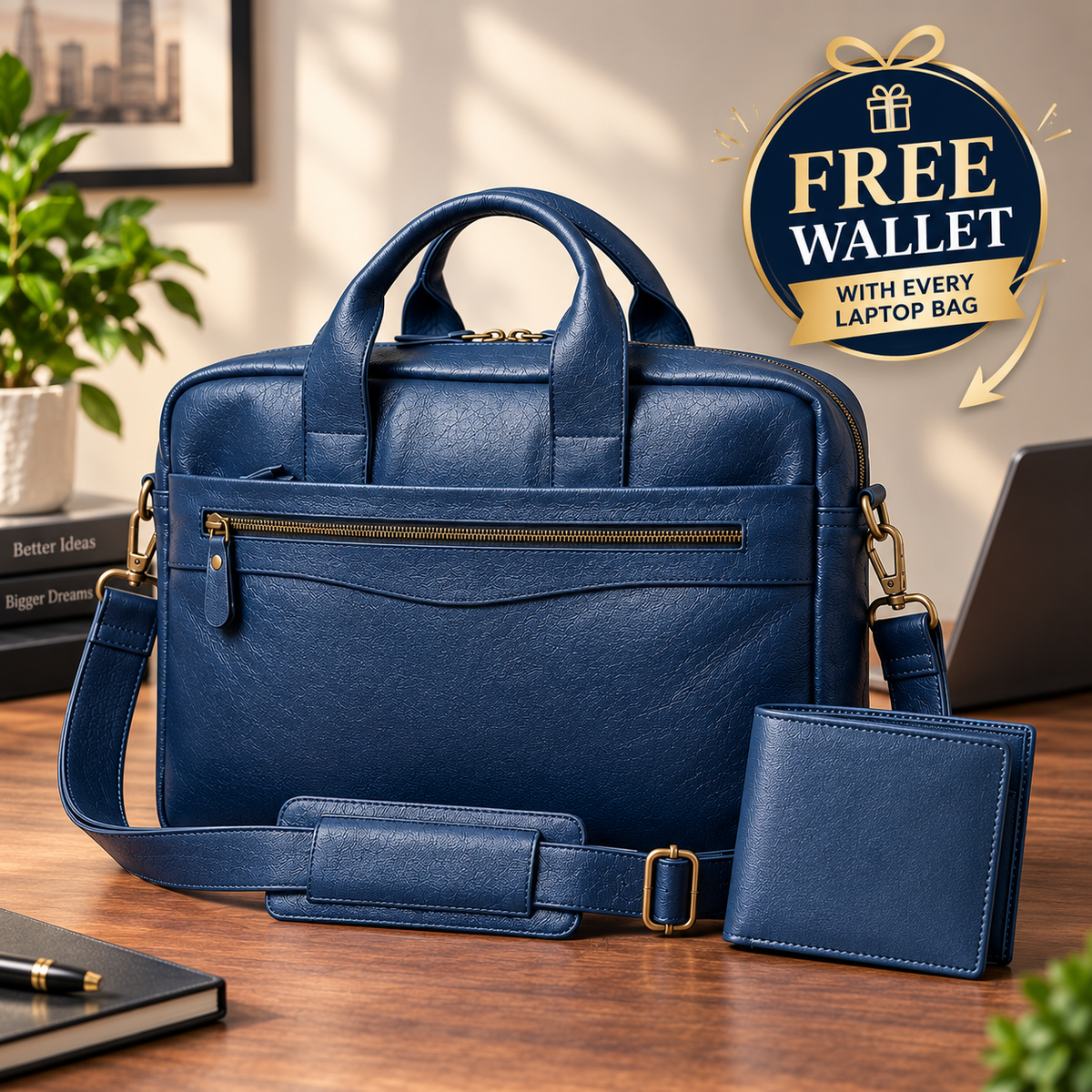 Genuine Leather Navy Laptop Bag, Business Briefcase with Free Wallet