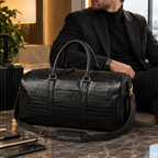 Black Leather Duffel Bag, Crocodile Travel Weekender for Men, Business Overnight Bag