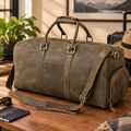 Genuine Cow Leather Weekender Duffel Bag, Vintage Brown Travel Bag