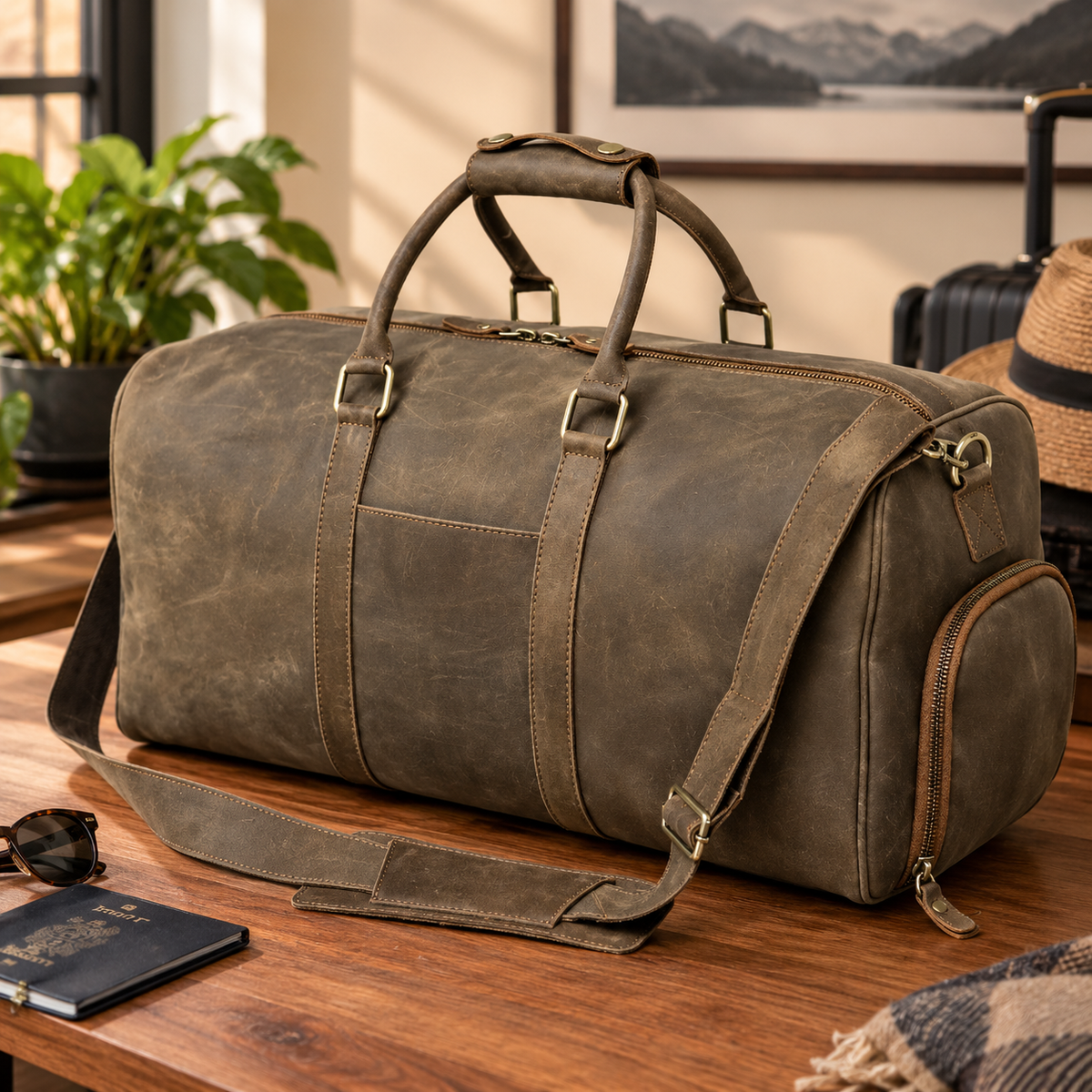 Genuine Cow Leather Weekender Duffel Bag, Vintage Brown Travel Bag