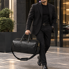 Black Leather Duffel Bag, Crocodile Travel Weekender for Men, Business Overnight Bag