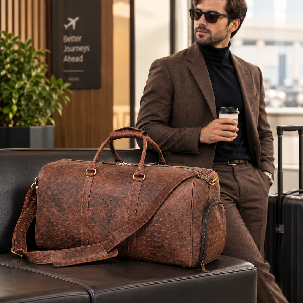 Genuine Leather Travel Bag, Brown Crocodile Weekender Duffel, Overnight Bag