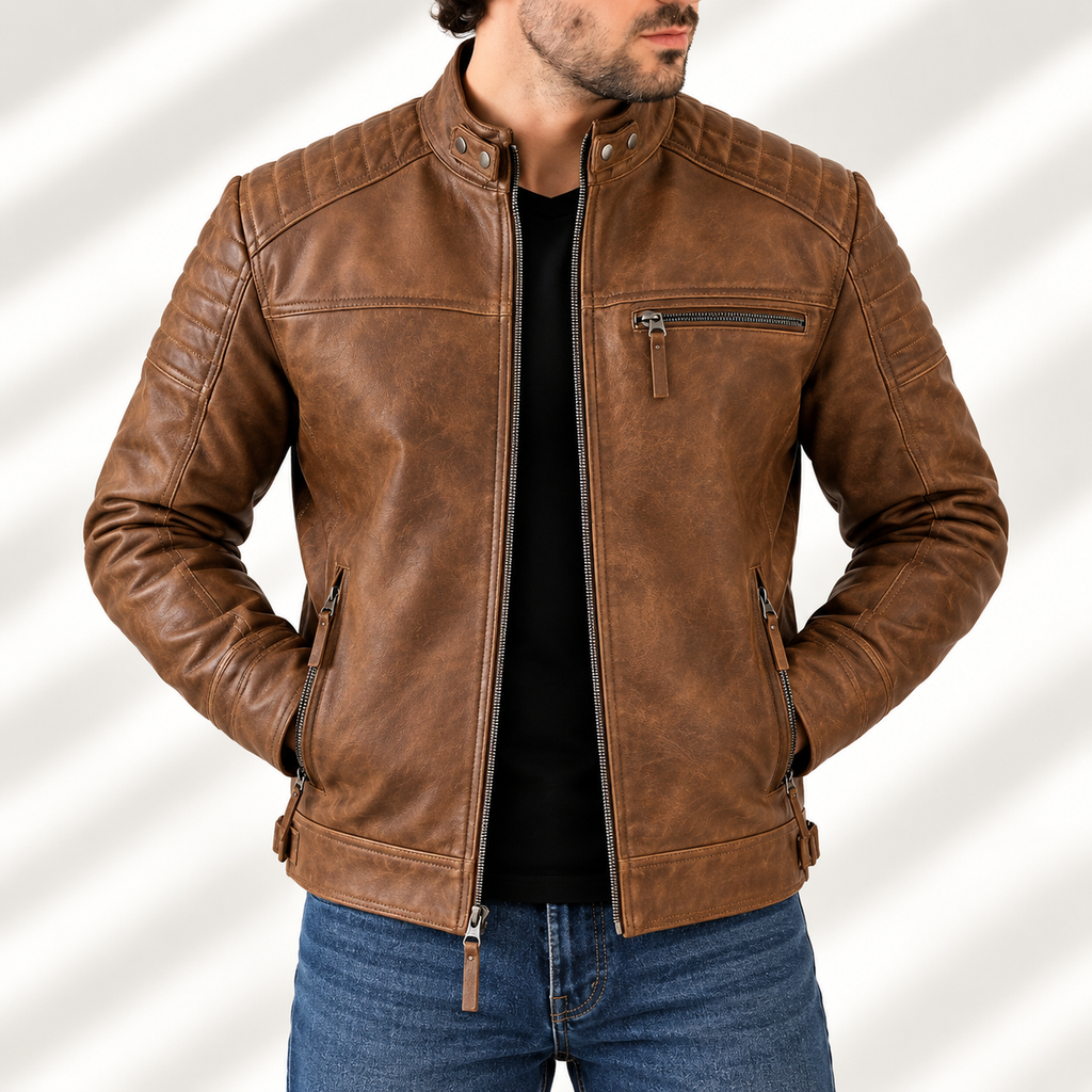 Men's Genuine Leather Cafe Racer Jacket – Diamond Quilted Biker Motorcycle Jacket