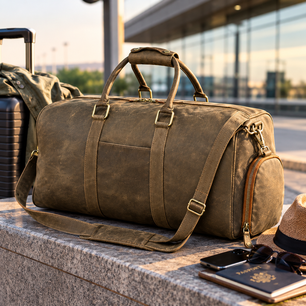 Genuine Cow Leather Weekender Duffel Bag, Vintage Brown Travel Bag